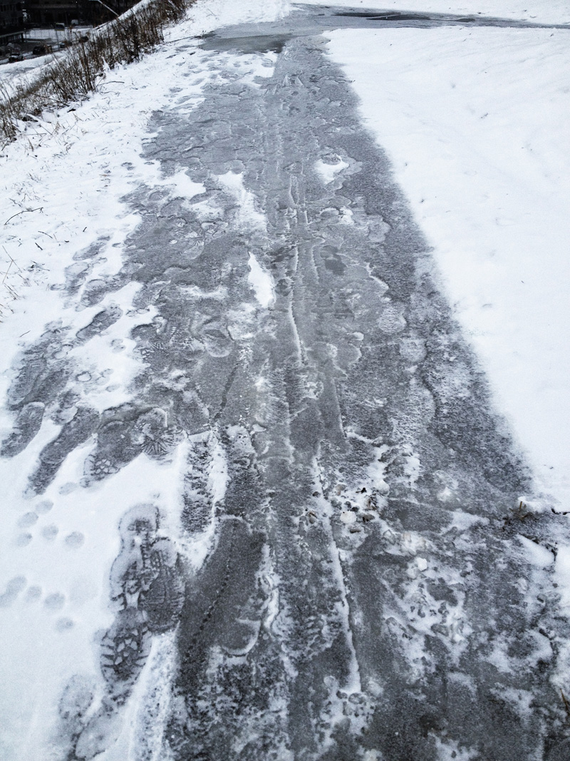 A completely iced-over, impassable Kaddish Park switchback.